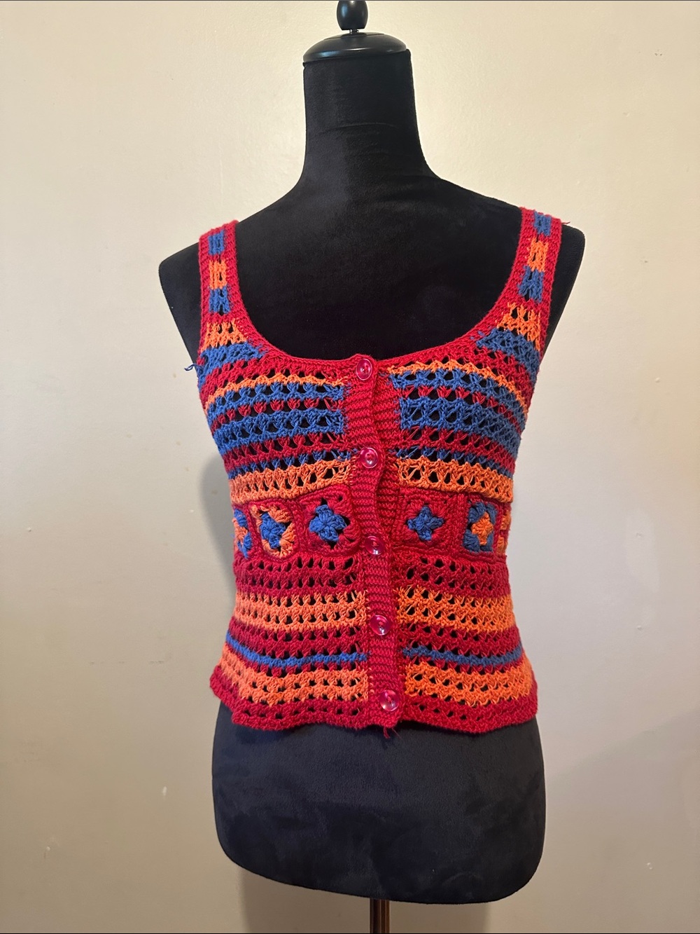 Zara Crochet Multicolor Tank Top Vest with Button Front